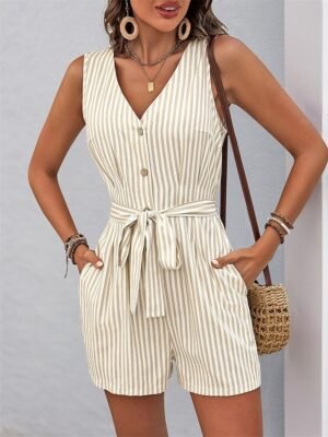 Active Loose Striped V Neck Sleeveless Short Romper - Image 2