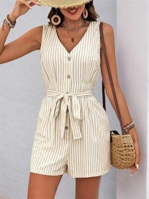 Active Loose Striped V Neck Sleeveless Short Romper - Image 4