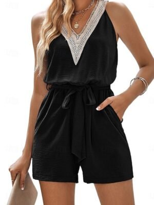 Active Regular Color Block V Neck Sleeveless Short Romper - Image 1