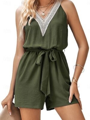 Active Regular Color Block V Neck Sleeveless Short Romper - Image 5