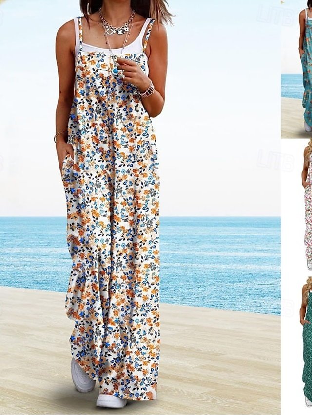 Active Regular Fit Floral Round Neck Sleeveless Wide Leg Jumpsuit - Image 1