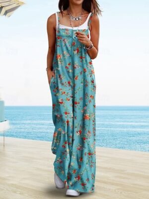 Active Regular Fit Floral Round Neck Sleeveless Wide Leg Jumpsuit - Image 14