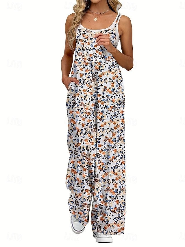 Active Regular Fit Floral Round Neck Sleeveless Wide Leg Jumpsuit - Image 2