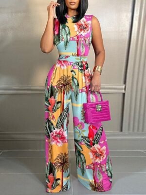Active Regular Fit Floral Round Neck Sleeveless Wide Leg Jumpsuit - Image 3