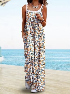 Active Regular Fit Floral Round Neck Sleeveless Wide Leg Jumpsuit - Image 3