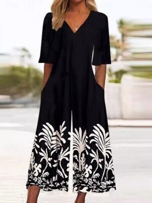 Active Regular Fit Floral V Neck 3/4 Sleeve Wide Leg Jumpsuit - Image 1