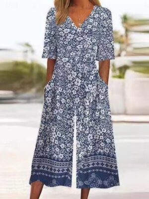Active Regular Fit Floral V Neck 3/4 Sleeve Wide Leg Jumpsuit - Image 2