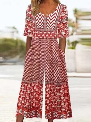 Active Regular Fit Floral V Neck 3/4 Sleeve Wide Leg Jumpsuit - Image 3