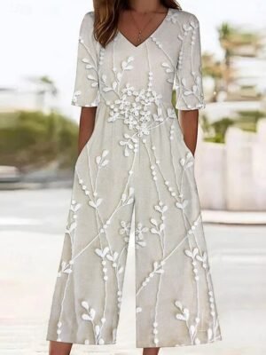 Active Regular Fit Floral V Neck 3/4 Sleeve Wide Leg Jumpsuit - Image 4