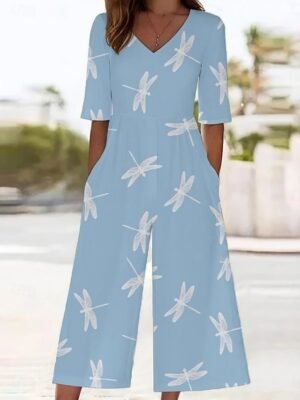 Active Regular Fit Floral V Neck 3/4 Sleeve Wide Leg Jumpsuit - Image 5
