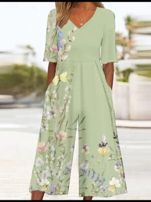Active Regular Fit Floral V Neck 3/4 Sleeve Wide Leg Jumpsuit - Image 6
