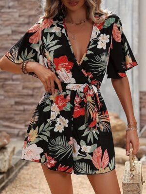 Active Regular Fit Floral V Neck Short Sleeve Romper - Image 1