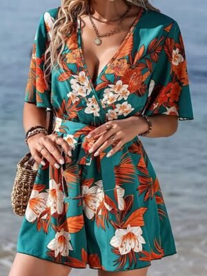 Active Regular Fit Floral V Neck Short Sleeve Romper - Image 5
