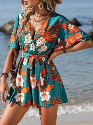 Active Regular Fit Floral V Neck Short Sleeve Romper - Image 9
