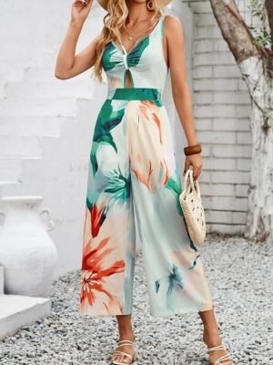 Active Regular Fit Floral V Neck Sleeveless High Waist Jumpsuit - Image 6