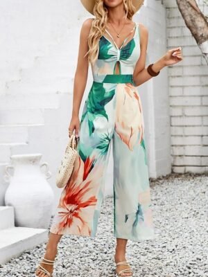 Active Regular Fit Floral V Neck Sleeveless High Waist Jumpsuit - Image 7