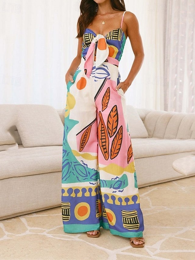 Active Regular Fit Geometric Deep V Sleeveless Wide Leg Jumpsuit - Image 1