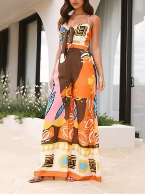 Active Regular Fit Geometric Deep V Sleeveless Wide Leg Jumpsuit - Image 13