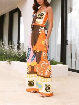 Active Regular Fit Geometric Deep V Sleeveless Wide Leg Jumpsuit - Image 14