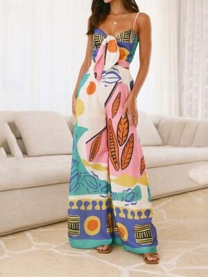 Active Regular Fit Geometric Deep V Sleeveless Wide Leg Jumpsuit - Image 3