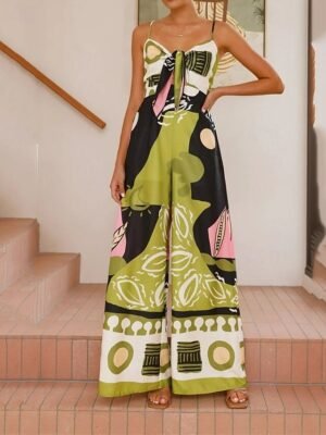 Active Regular Fit Geometric Deep V Sleeveless Wide Leg Jumpsuit - Image 7