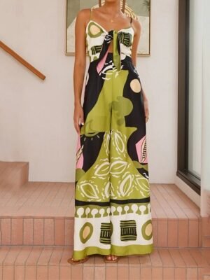 Active Regular Fit Geometric Deep V Sleeveless Wide Leg Jumpsuit - Image 8