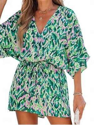 Active Regular Fit Geometric V Neck 3/4 Sleeve Romper - Image 1