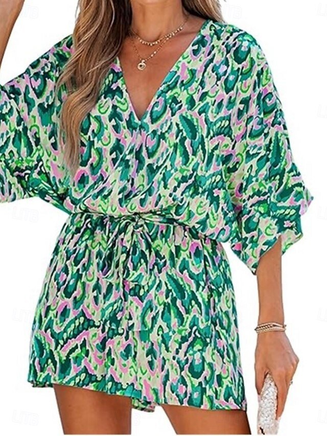 Active Regular Fit Geometric V Neck 3/4 Sleeve Romper - Image 1