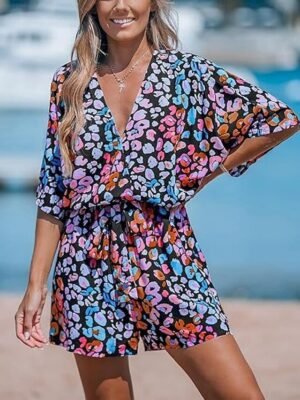 Active Regular Fit Geometric V Neck 3/4 Sleeve Romper - Image 4