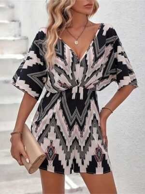 Active Regular Fit Geometric V Neck Short Sleeve High Waist Romper - Image 3