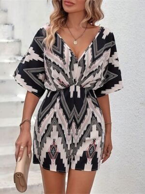 Active Regular Fit Geometric V Neck Short Sleeve High Waist Romper - Image 4