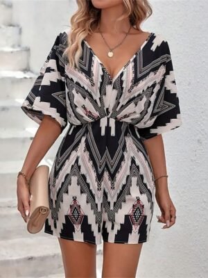 Active Regular Fit Geometric V Neck Short Sleeve High Waist Romper - Image 5