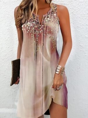 Active Regular Fit Ombre Floral Split Neck Sleeveless Mini Dress - Image 1