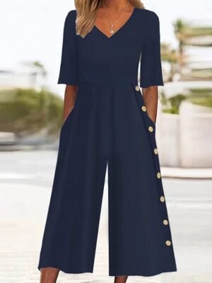 Active Regular Fit Solid V Neck Half Sleeve Wide Leg Jumpsuit - Image 1