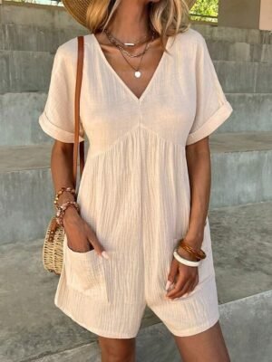 Active Regular Fit Solid V Neck Short Sleeve Summer Romper - Image 1