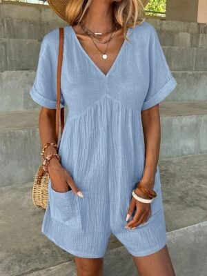 Active Regular Fit Solid V Neck Short Sleeve Summer Romper - Image 13