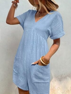 Active Regular Fit Solid V Neck Short Sleeve Summer Romper - Image 15