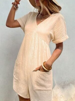 Active Regular Fit Solid V Neck Short Sleeve Summer Romper - Image 3