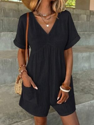 Active Regular Fit Solid V Neck Short Sleeve Summer Romper - Image 9