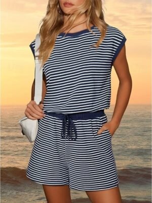 Active Regular Fit Striped Round Neck Short Sleeve Romper - Image 4