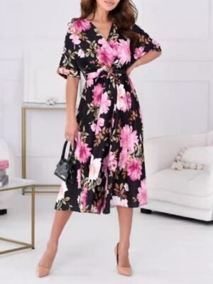 Active Regular Floral V Neck Half Sleeve High Waist Jumpsuit - Image 1