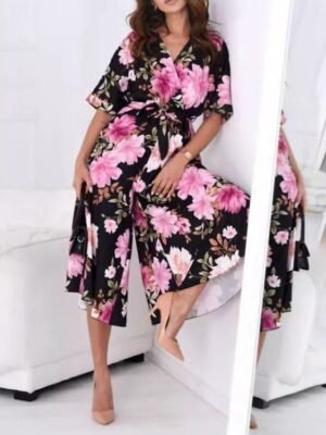 Active Regular Floral V Neck Half Sleeve High Waist Jumpsuit - Image 4
