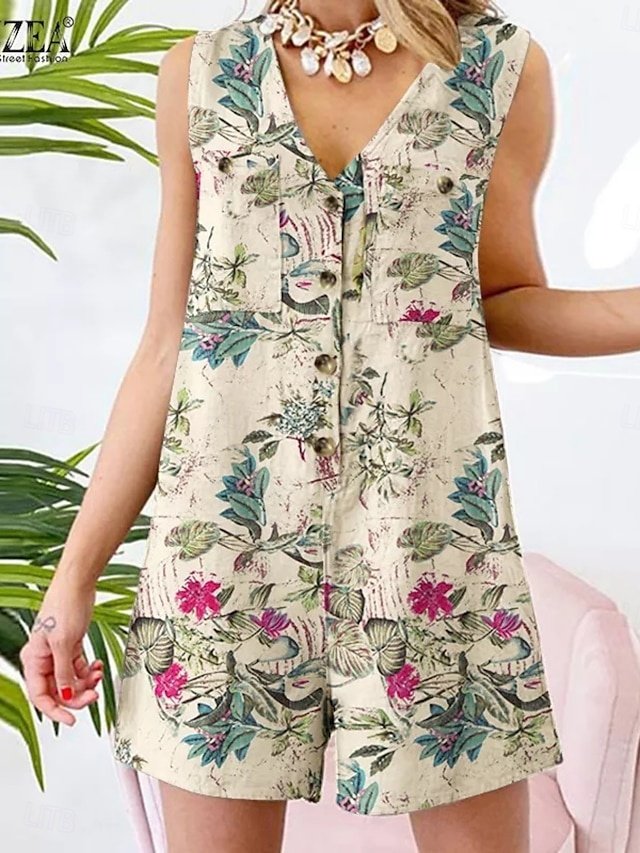 Active Regular Floral V Neck Sleeveless High Waist Romper - Image 1
