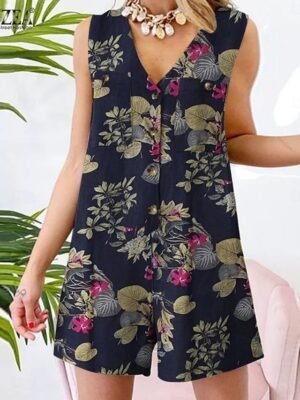 Active Regular Floral V Neck Sleeveless High Waist Romper - Image 5