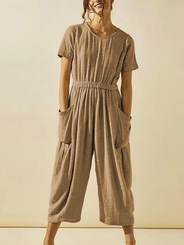 Active Regular Solid Colour Round Neck Short Sleeve Jumpsuit - Image 1