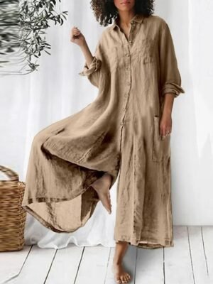 Active Regular Solid Shirt Collar Long Sleeve Wide Leg Jumpsuit - Image 1