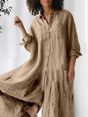 Active Regular Solid Shirt Collar Long Sleeve Wide Leg Jumpsuit - Image 2