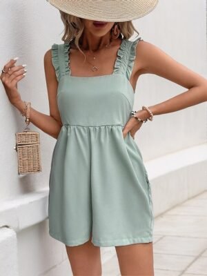 Active Regular Solid Square Neck Sleeveless Backless Romper - Image 5