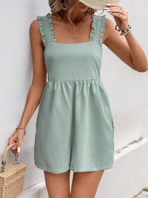 Active Regular Solid Square Neck Sleeveless Backless Romper - Image 6