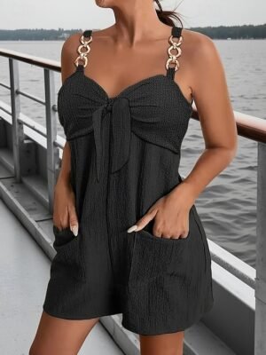 Active Regular Solid Strapless Sleeveless Straight Romper - Image 3